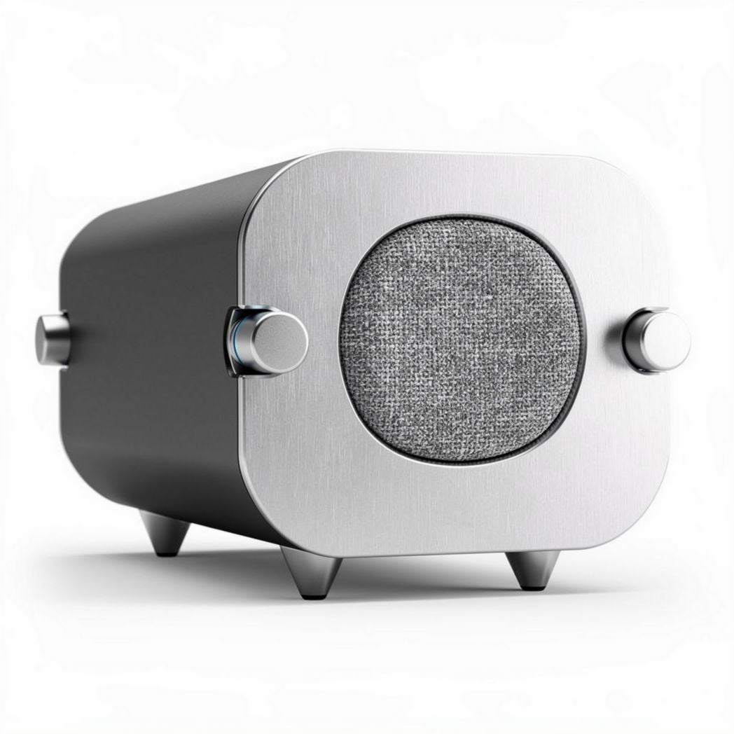 Diffusore audio vintage in alluminio e tessuto grigio 15 x 10 x 10cm