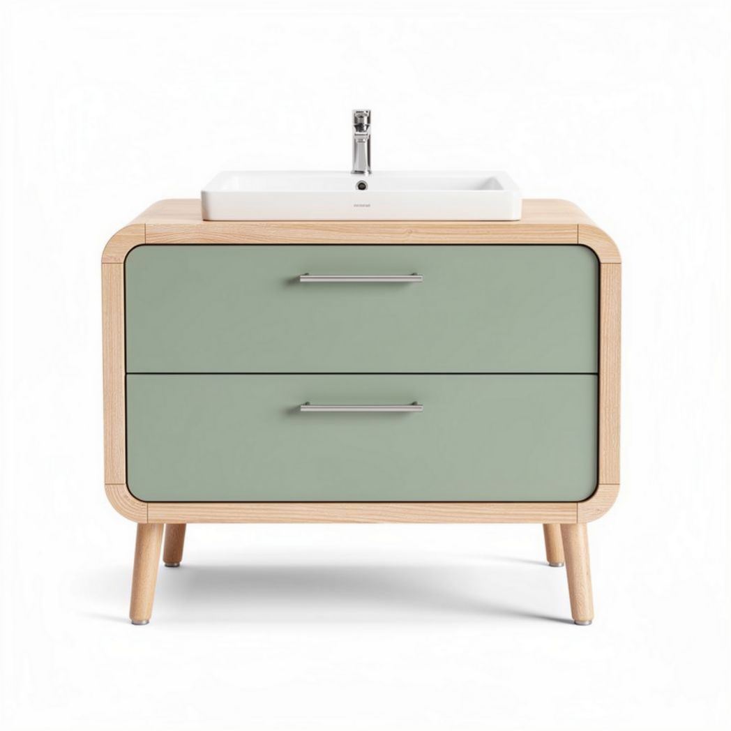 Mobile lavabo in legno con finitura verde e piano in ceramica 60 x 45 x 85cm