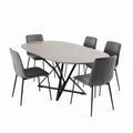 Tavolo ovale in MDF grigio con sei sedie imbottite in pelle sintetica nera