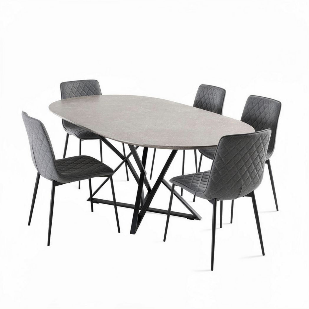 Tavolo ovale in MDF grigio con sei sedie imbottite in pelle sintetica nera