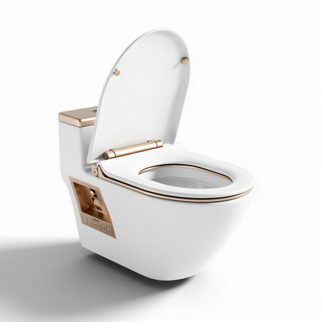 Wc monoblocco con funzione bidet in ceramica bianca e finiture oro 70 x 40 x 45cm