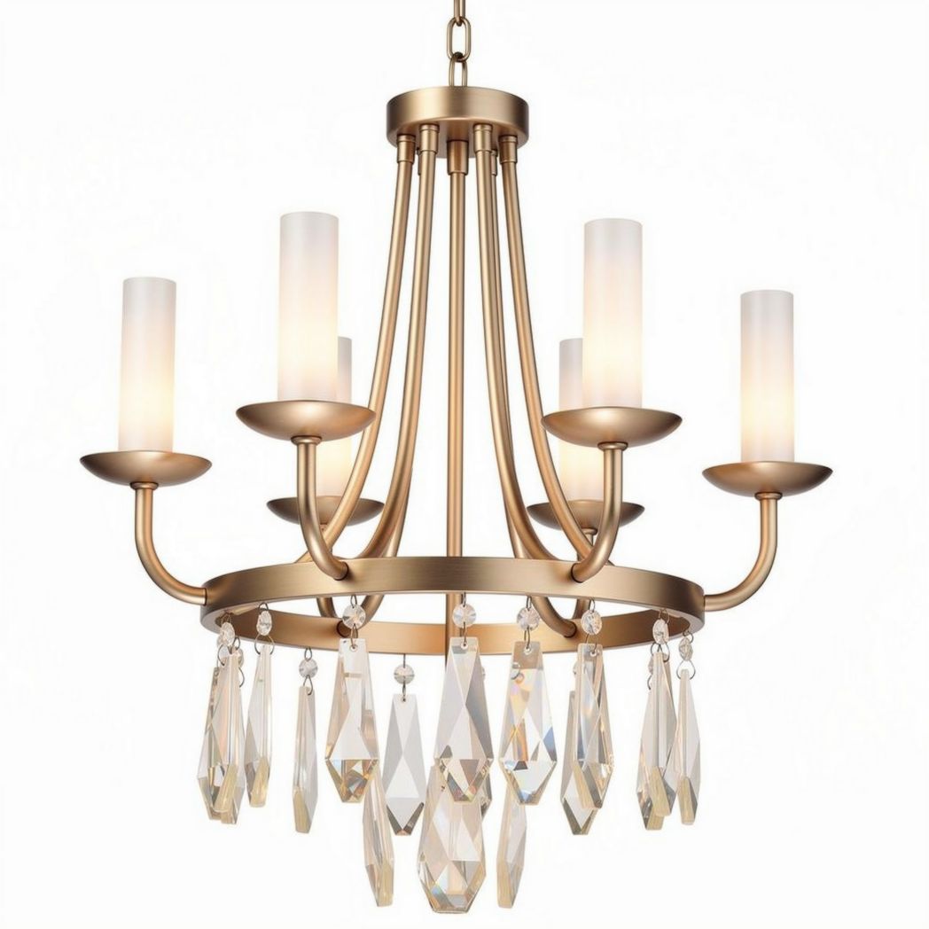 lampadario in metallo oro con cristalli trasparenti e sei bracci 60 x 60 x 50cm