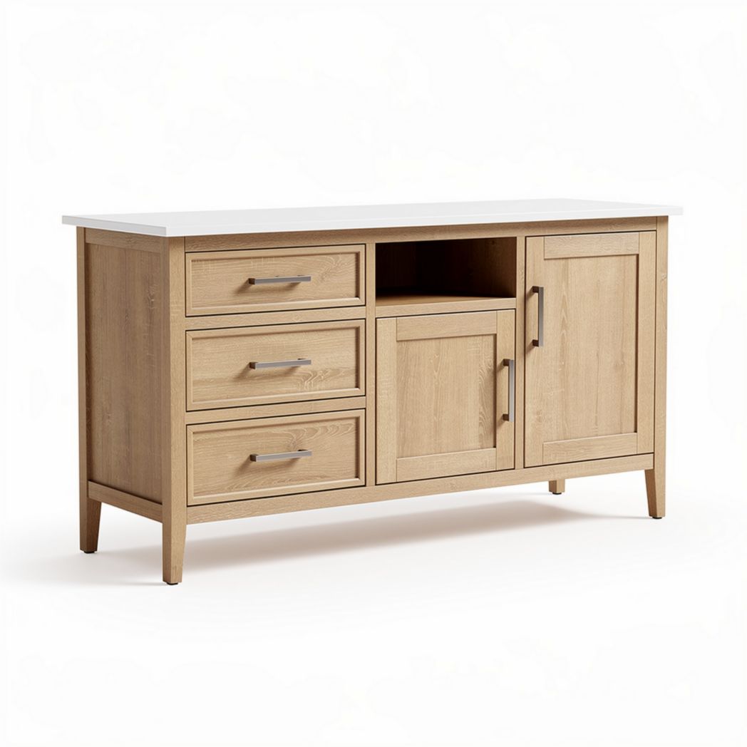Mobiletto in legno con piano in ceramica bianca 150 x 45 x 75cm con cassetti e anta