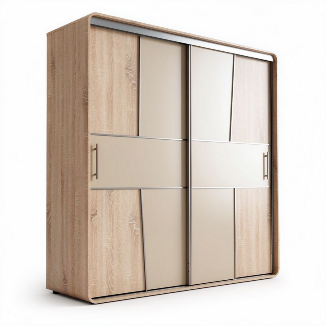 Armadio scorrevole in legno e melaminico colore rovere e beige 150 x 60 x 210cm