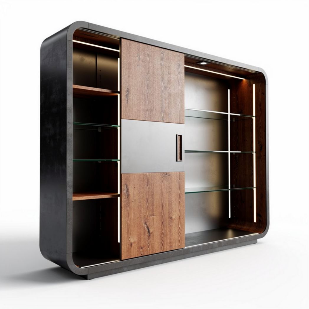 Mobile soggiorno in legno e vetro con illuminazione integrata 200 x 40 x 150cm