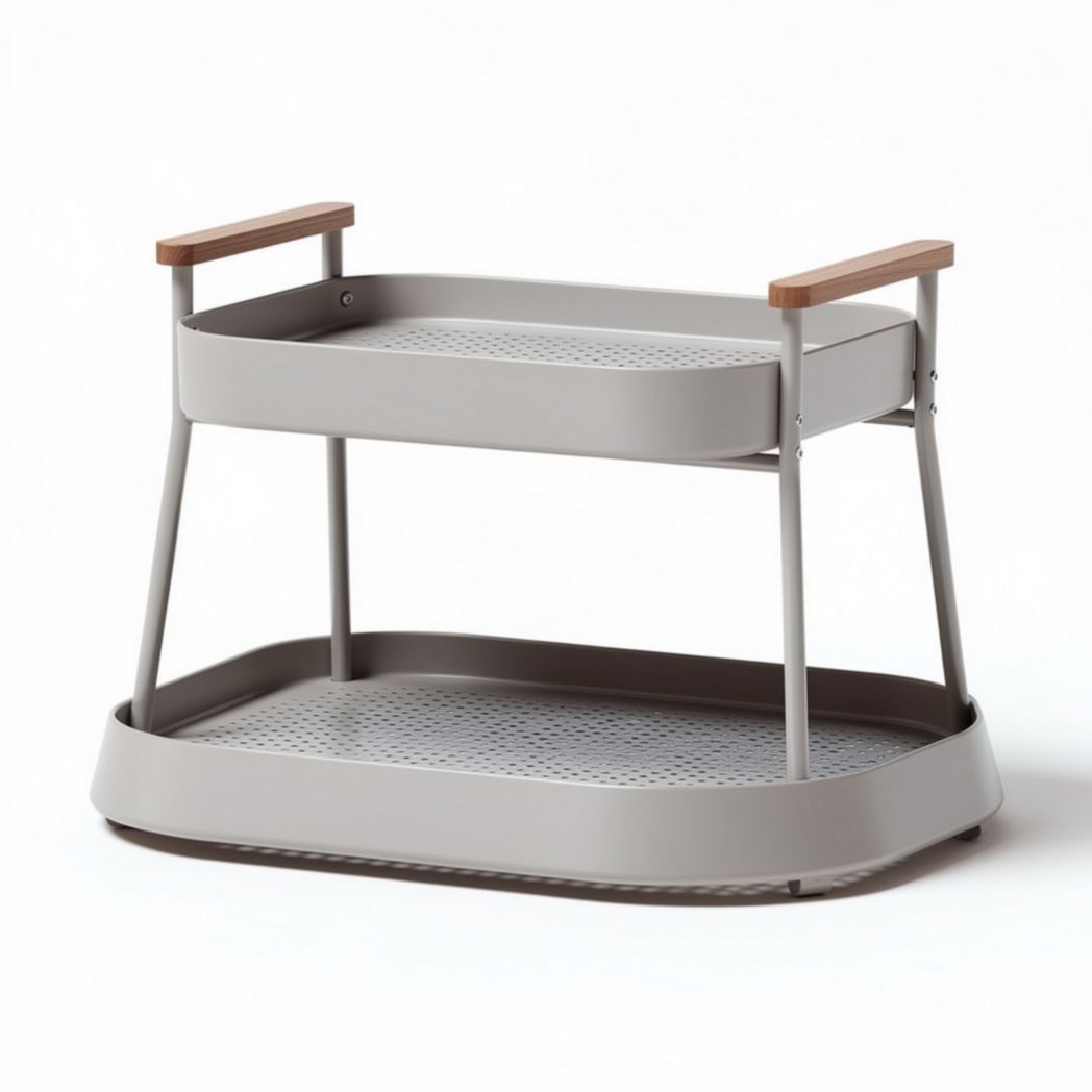 Vassoio in metallo grigio con manici in legno 40 x 25 x 15cm per cucina