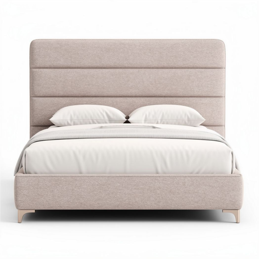 Letto matrimoniale in tessuto beige con testiera imbottita 200 x 160 x 110cm